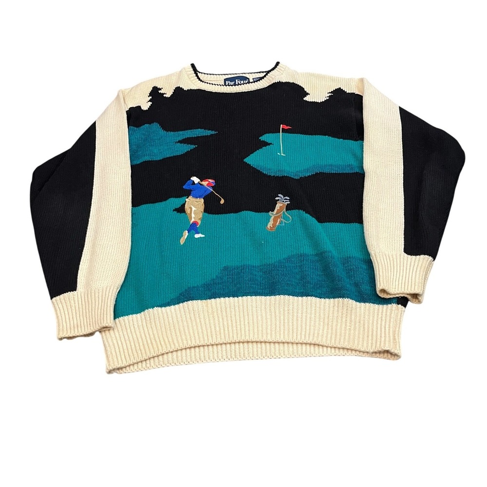 Par Four Golf Sweater Mens M Multi Color Vintage Intarsia Ramie Cotton Knit 90s